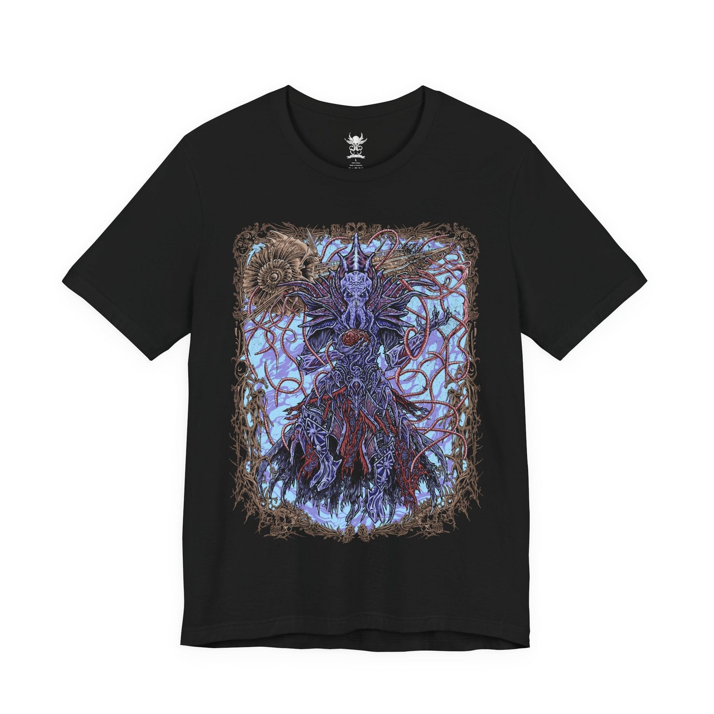Image 4 of a T-shirt featuring The Emperor from Baldur’s Gate 3, the enigmatic Mind Flayer who guides the player through the mysteries of the tadpole and the dream realm. With his imposing psionic presence and shifting motives, The Emperor embodies both calculated manipulation and uneasy alliance. This design captures his tentacled visage, astral glow, and the eldritch power of illithid domination.
