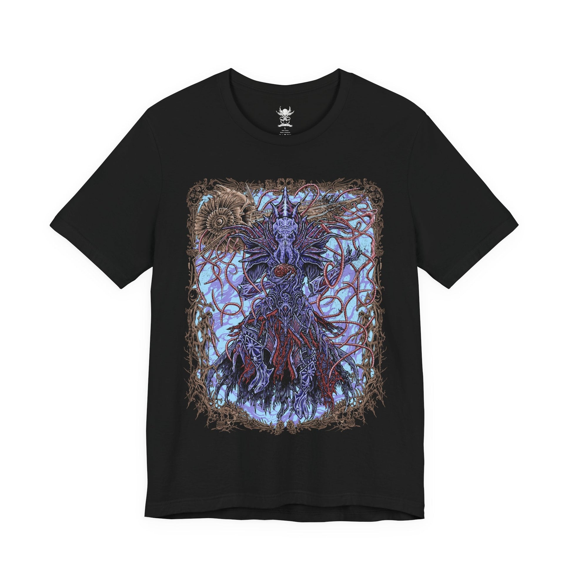 Image 4 of a T-shirt featuring The Emperor from Baldur’s Gate 3, the enigmatic Mind Flayer who guides the player through the mysteries of the tadpole and the dream realm. With his imposing psionic presence and shifting motives, The Emperor embodies both calculated manipulation and uneasy alliance. This design captures his tentacled visage, astral glow, and the eldritch power of illithid domination.