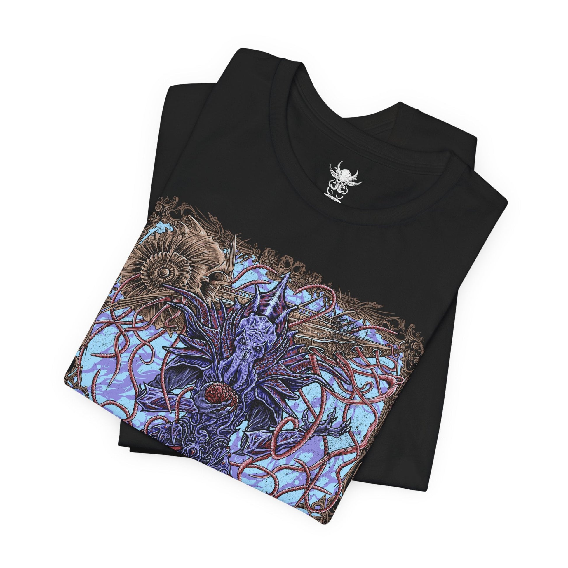 Folded T-shirt featuring The Emperor from Baldur’s Gate 3, the enigmatic Mind Flayer who guides the player through the mysteries of the tadpole and the dream realm. With his imposing psionic presence and shifting motives, The Emperor embodies both calculated manipulation and uneasy alliance. This design captures his tentacled visage, astral glow, and the eldritch power of illithid domination.