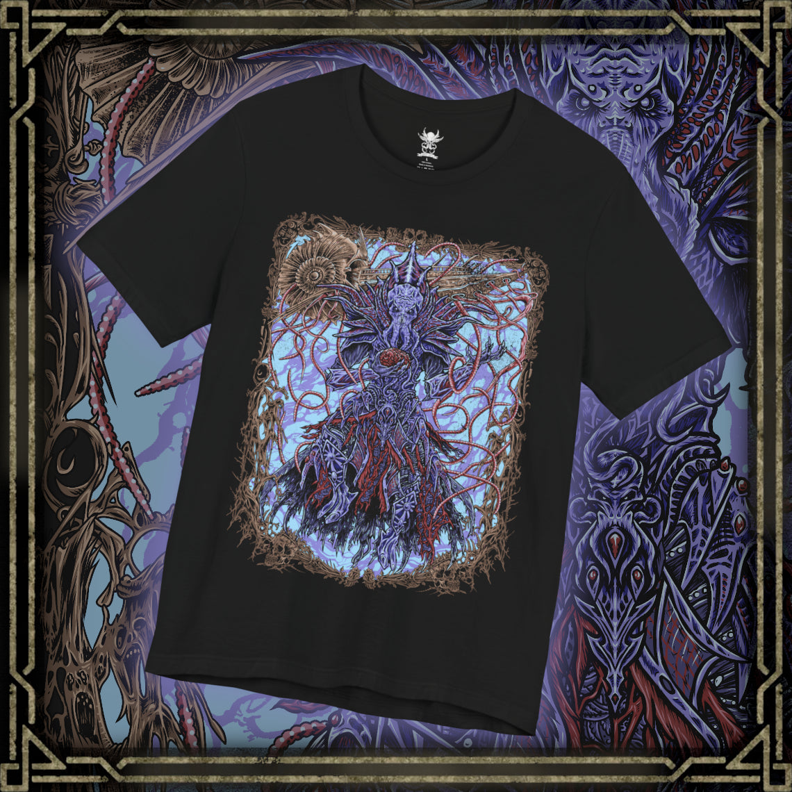 Thumbnail of a T-shirt featuring The Emperor from Baldur’s Gate 3, the enigmatic Mind Flayer who guides the player through the mysteries of the tadpole and the dream realm. With his imposing psionic presence and shifting motives, The Emperor embodies both calculated manipulation and uneasy alliance. This design captures his tentacled visage, astral glow, and the eldritch power of illithid domination.