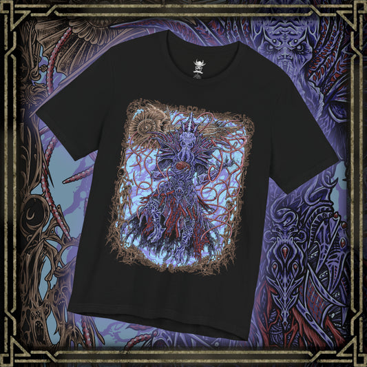 Thumbnail of a T-shirt featuring The Emperor from Baldur’s Gate 3, the enigmatic Mind Flayer who guides the player through the mysteries of the tadpole and the dream realm. With his imposing psionic presence and shifting motives, The Emperor embodies both calculated manipulation and uneasy alliance. This design captures his tentacled visage, astral glow, and the eldritch power of illithid domination.