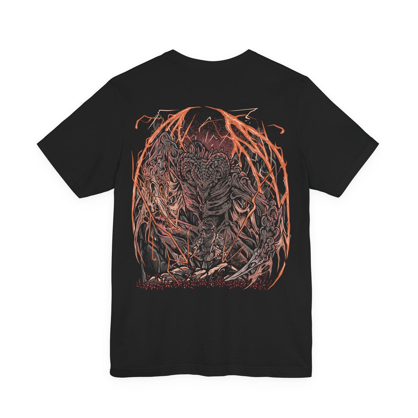 Image 5 of a T-Shirt artwork depicting Bayle the Dread unleashing crimson lightning across the storm-lashed summit of the Jagged Peak, his colossal jaws roaring toward the heavens as molten fire and dragon lightning consume the battlefield. Broken cliffs collapse beneath his immense weight while violent storms rage overhead. This design reflects the dragon's relentless wrath, catastrophic power, and the unforgettable battle awaiting those who answer Igon's desperate call.