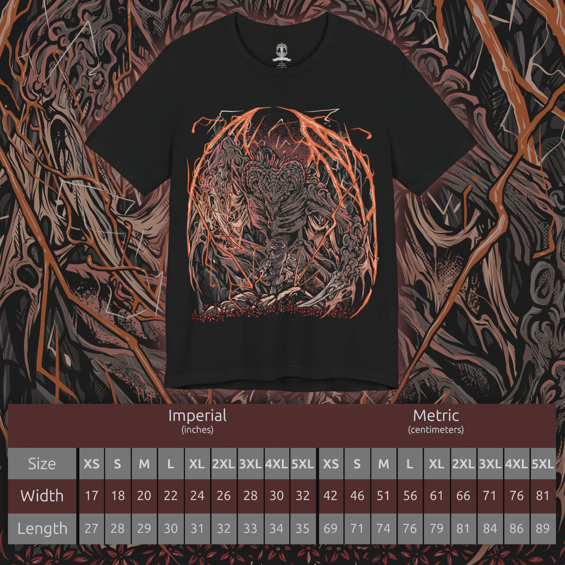 Size chart of a T-Shirt artwork depicting Bayle the Dread unleashing crimson lightning across the storm-lashed summit of the Jagged Peak, his colossal jaws roaring toward the heavens as molten fire and dragon lightning consume the battlefield. Broken cliffs collapse beneath his immense weight while violent storms rage overhead. This design reflects the dragon's relentless wrath, catastrophic power, and the unforgettable battle awaiting those who answer Igon's desperate call.