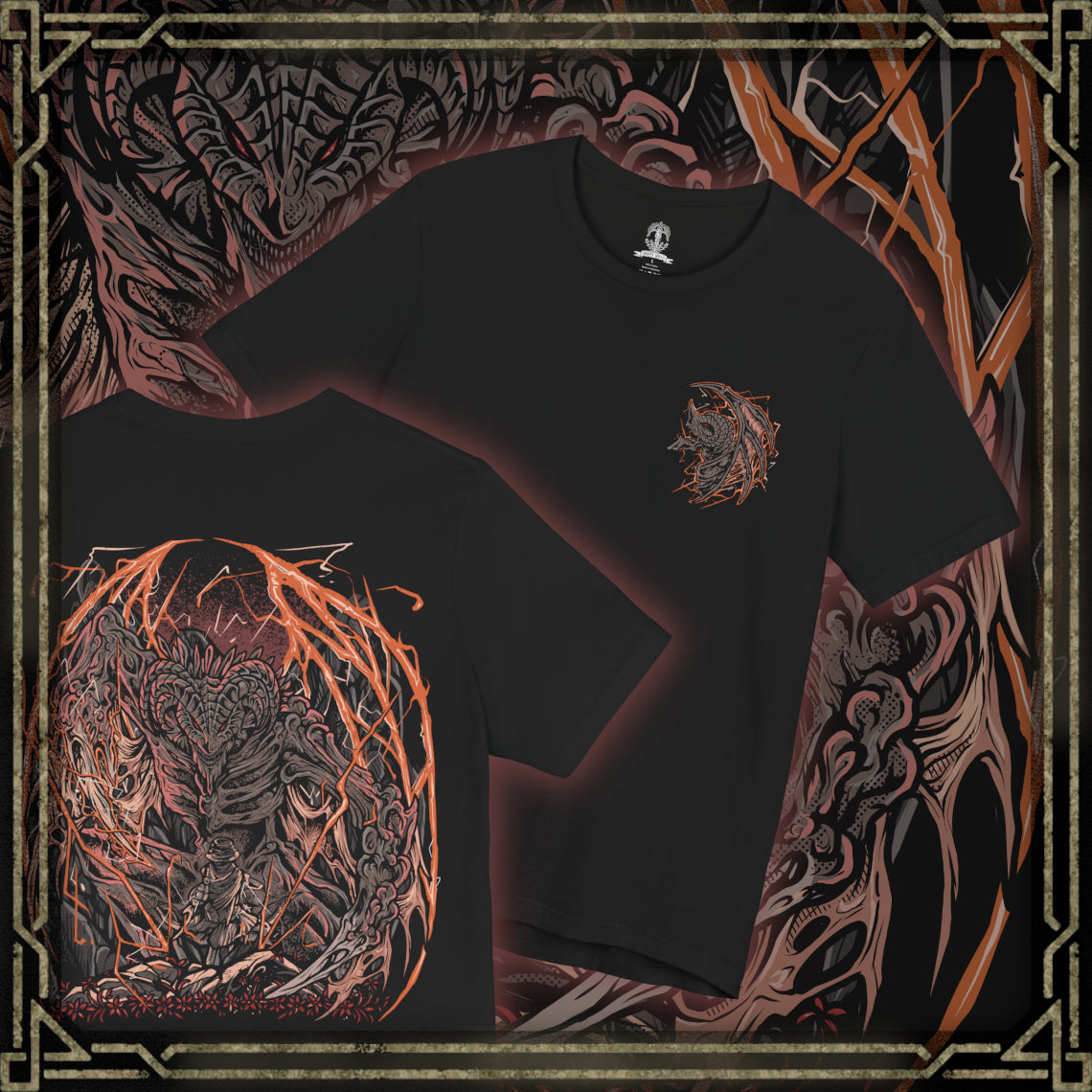 Thumbnail of a T-Shirt artwork depicting Bayle the Dread unleashing crimson lightning across the storm-lashed summit of the Jagged Peak, his colossal jaws roaring toward the heavens as molten fire and dragon lightning consume the battlefield. Broken cliffs collapse beneath his immense weight while violent storms rage overhead. This design reflects the dragon's relentless wrath, catastrophic power, and the unforgettable battle awaiting those who answer Igon's desperate call.