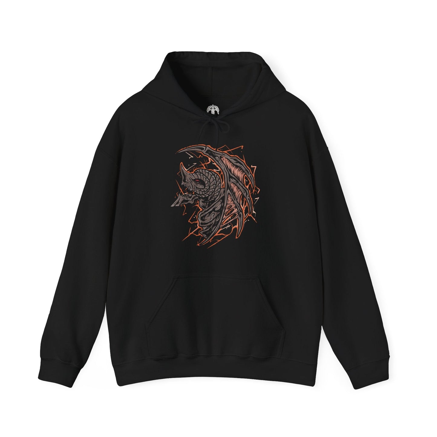 Image 4 of a Hooded Sweatshirt of Bayle the Dread dominating the skies above the Jagged Peak, his scarred body crackling with crimson dragon lightning as volcanic fire erupts beneath him. Torn wings spread across a sky filled with ash and thunder while ancient ruins crumble below. The composition emphasizes primal rage, draconic supremacy, and the legendary dragon whose feud with Placidusax echoes across the history of the Lands Between.