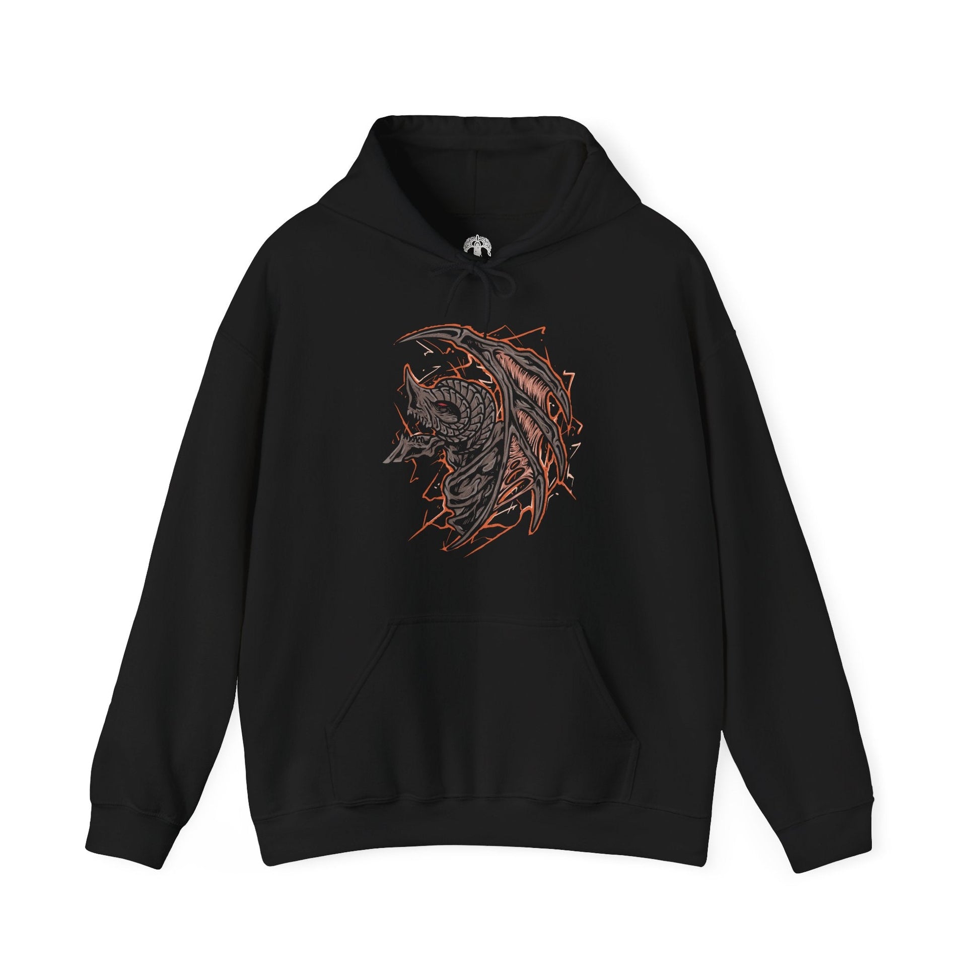 Image 4 of a Hooded Sweatshirt of Bayle the Dread dominating the skies above the Jagged Peak, his scarred body crackling with crimson dragon lightning as volcanic fire erupts beneath him. Torn wings spread across a sky filled with ash and thunder while ancient ruins crumble below. The composition emphasizes primal rage, draconic supremacy, and the legendary dragon whose feud with Placidusax echoes across the history of the Lands Between.