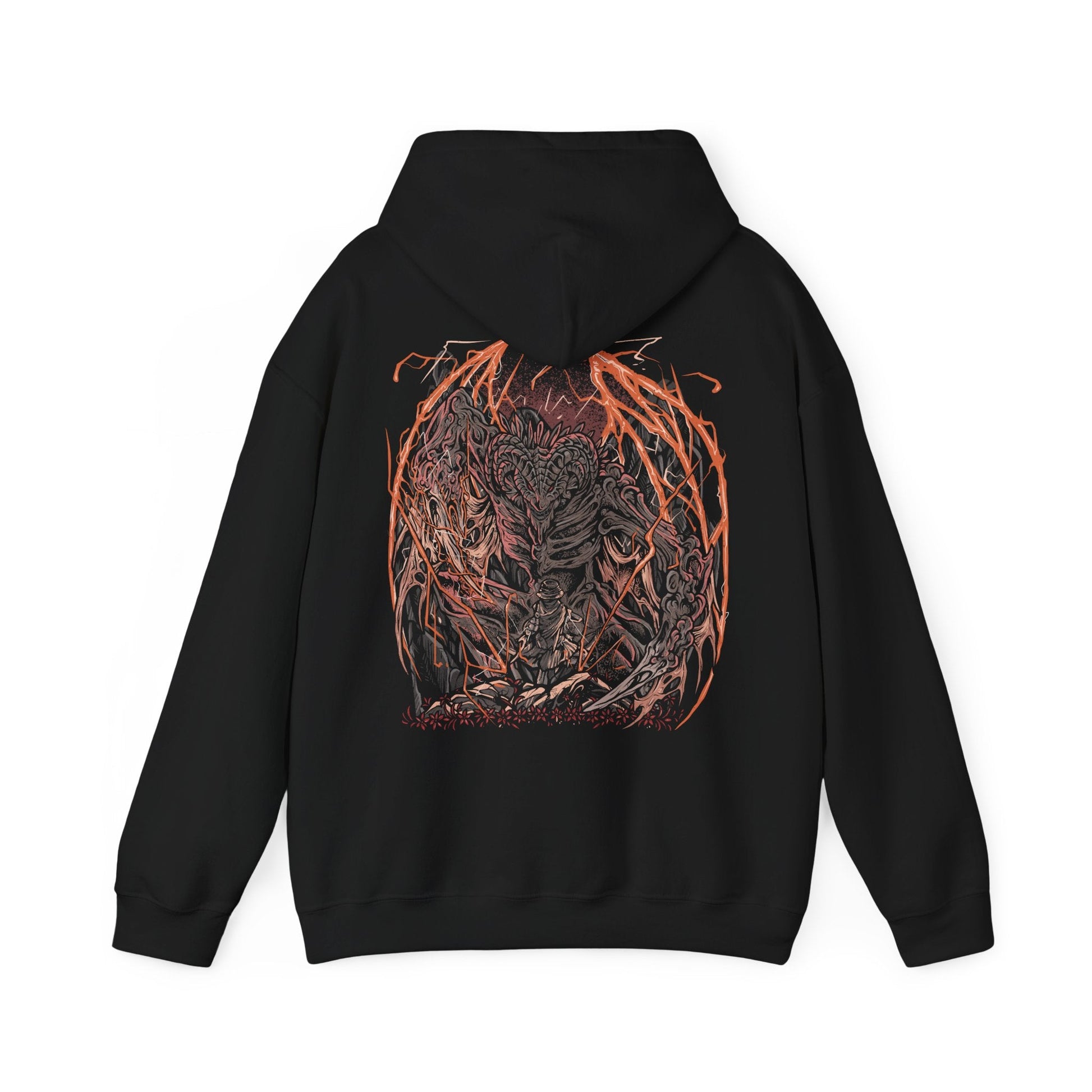 Image 5 of a Hooded Sweatshirt of Bayle the Dread dominating the skies above the Jagged Peak, his scarred body crackling with crimson dragon lightning as volcanic fire erupts beneath him. Torn wings spread across a sky filled with ash and thunder while ancient ruins crumble below. The composition emphasizes primal rage, draconic supremacy, and the legendary dragon whose feud with Placidusax echoes across the history of the Lands Between.