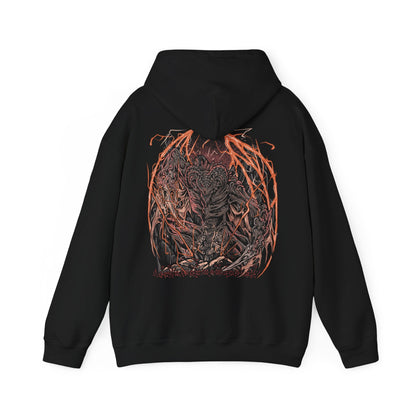 Image 5 of a Hooded Sweatshirt of Bayle the Dread dominating the skies above the Jagged Peak, his scarred body crackling with crimson dragon lightning as volcanic fire erupts beneath him. Torn wings spread across a sky filled with ash and thunder while ancient ruins crumble below. The composition emphasizes primal rage, draconic supremacy, and the legendary dragon whose feud with Placidusax echoes across the history of the Lands Between.