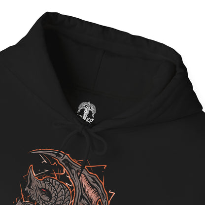 Folded Hooded Sweatshirt of Bayle the Dread dominating the skies above the Jagged Peak, his scarred body crackling with crimson dragon lightning as volcanic fire erupts beneath him. Torn wings spread across a sky filled with ash and thunder while ancient ruins crumble below. The composition emphasizes primal rage, draconic supremacy, and the legendary dragon whose feud with Placidusax echoes across the history of the Lands Between.