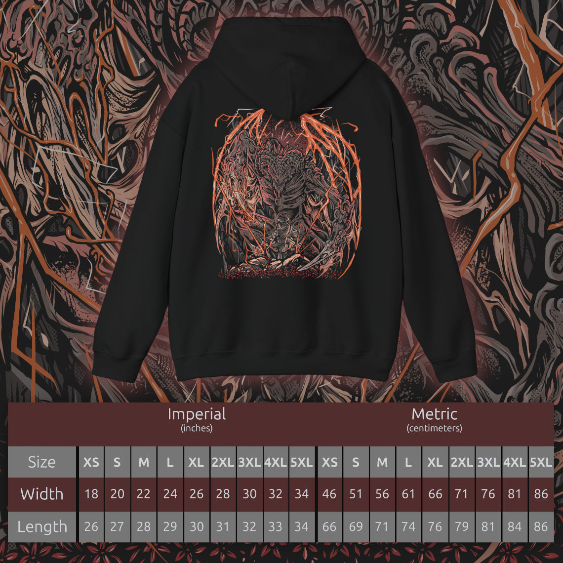 Size chart of a Hooded Sweatshirt of Bayle the Dread dominating the skies above the Jagged Peak, his scarred body crackling with crimson dragon lightning as volcanic fire erupts beneath him. Torn wings spread across a sky filled with ash and thunder while ancient ruins crumble below. The composition emphasizes primal rage, draconic supremacy, and the legendary dragon whose feud with Placidusax echoes across the history of the Lands Between.