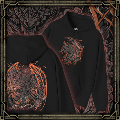 Thumbnail of a Hooded Sweatshirt of Bayle the Dread dominating the skies above the Jagged Peak, his scarred body crackling with crimson dragon lightning as volcanic fire erupts beneath him. Torn wings spread across a sky filled with ash and thunder while ancient ruins crumble below. The composition emphasizes primal rage, draconic supremacy, and the legendary dragon whose feud with Placidusax echoes across the history of the Lands Between.