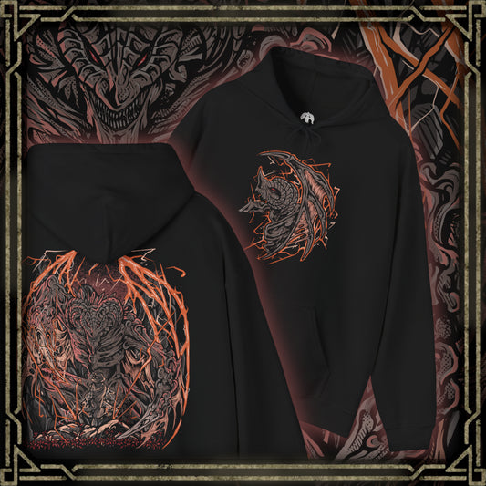 Thumbnail of a Hooded Sweatshirt of Bayle the Dread dominating the skies above the Jagged Peak, his scarred body crackling with crimson dragon lightning as volcanic fire erupts beneath him. Torn wings spread across a sky filled with ash and thunder while ancient ruins crumble below. The composition emphasizes primal rage, draconic supremacy, and the legendary dragon whose feud with Placidusax echoes across the history of the Lands Between.