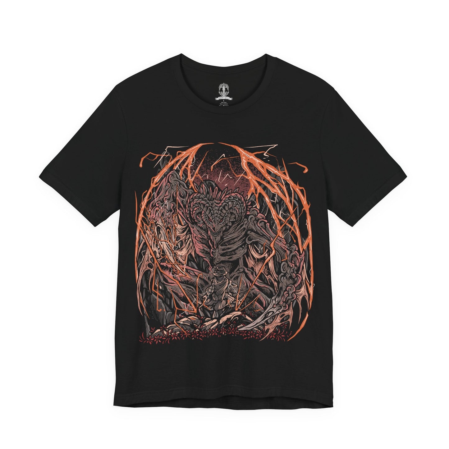 Image 4 of a T-Shirt design of Bayle the Dread from Elden Ring: Shadow of the Erdtree, towering atop the Jagged Peak as crimson lightning erupts around his scarred draconic body. Torn wings and shattered horns reveal the brutal wounds left by his ancient war with Dragonlord Placidusax. The design captures Bayle's overwhelming fury, legendary resilience, and the savage hatred that made him one of the most feared ancient dragons.