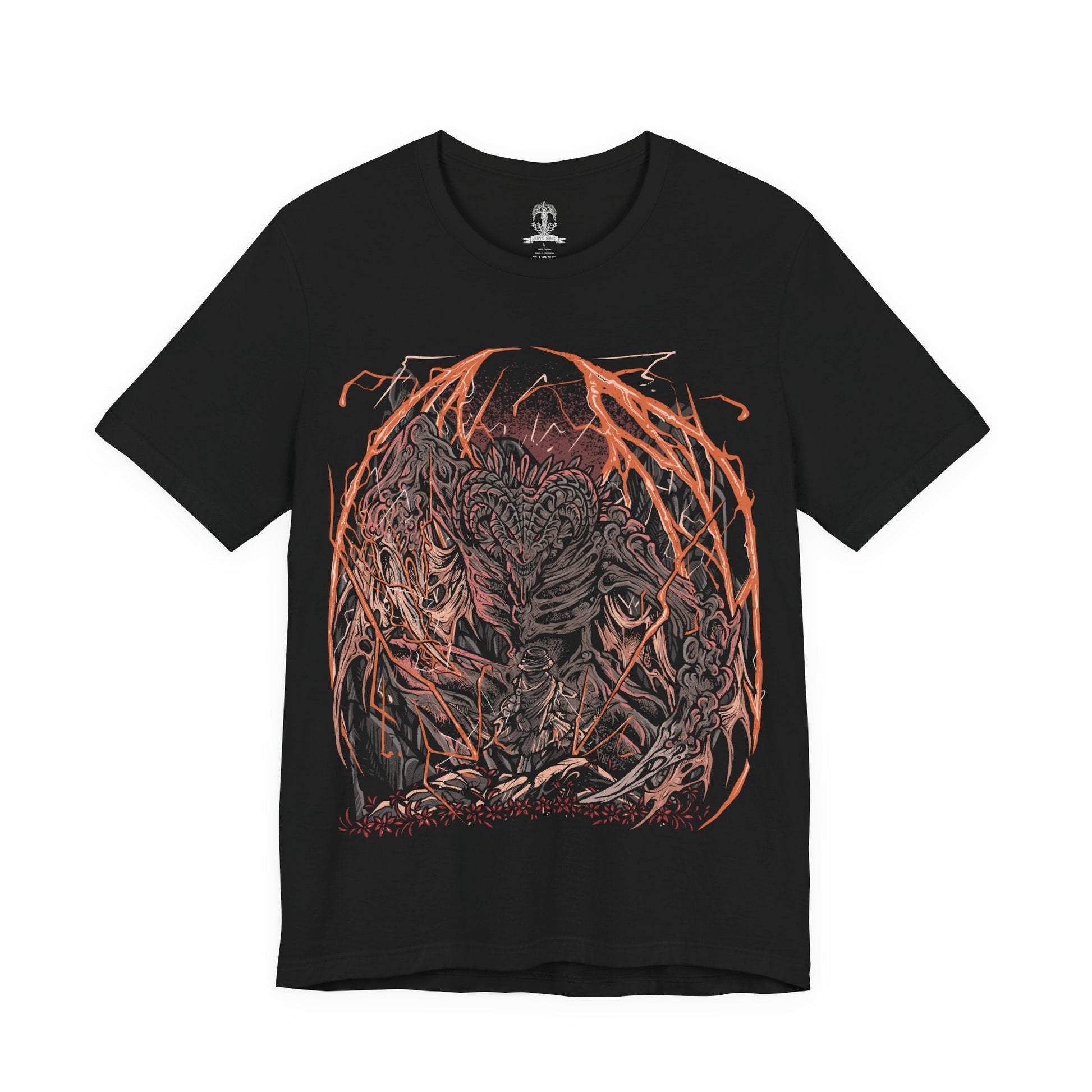 Image 4 of a T-Shirt design of Bayle the Dread from Elden Ring: Shadow of the Erdtree, towering atop the Jagged Peak as crimson lightning erupts around his scarred draconic body. Torn wings and shattered horns reveal the brutal wounds left by his ancient war with Dragonlord Placidusax. The design captures Bayle's overwhelming fury, legendary resilience, and the savage hatred that made him one of the most feared ancient dragons.