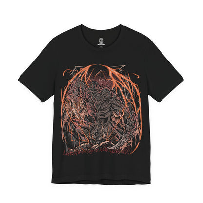 Image 4 of a T-Shirt design of Bayle the Dread from Elden Ring: Shadow of the Erdtree, towering atop the Jagged Peak as crimson lightning erupts around his scarred draconic body. Torn wings and shattered horns reveal the brutal wounds left by his ancient war with Dragonlord Placidusax. The design captures Bayle's overwhelming fury, legendary resilience, and the savage hatred that made him one of the most feared ancient dragons.