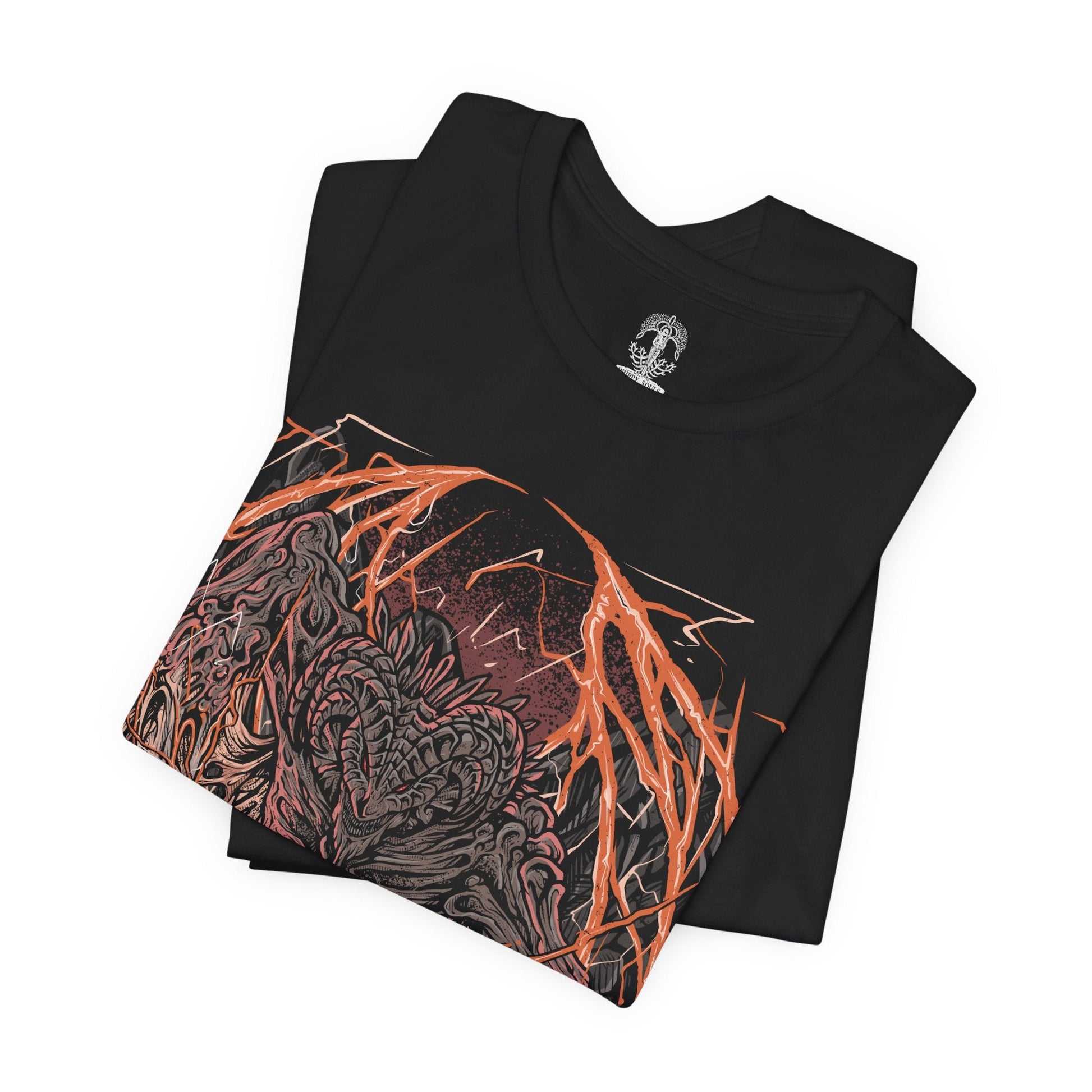 Image 5 of a T-Shirt design of Bayle the Dread from Elden Ring: Shadow of the Erdtree, towering atop the Jagged Peak as crimson lightning erupts around his scarred draconic body. Torn wings and shattered horns reveal the brutal wounds left by his ancient war with Dragonlord Placidusax. The design captures Bayle's overwhelming fury, legendary resilience, and the savage hatred that made him one of the most feared ancient dragons.