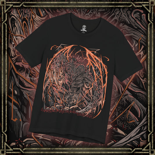 Thumbnail of a T-Shirt design of Bayle the Dread from Elden Ring: Shadow of the Erdtree, towering atop the Jagged Peak as crimson lightning erupts around his scarred draconic body. Torn wings and shattered horns reveal the brutal wounds left by his ancient war with Dragonlord Placidusax. The design captures Bayle's overwhelming fury, legendary resilience, and the savage hatred that made him one of the most feared ancient dragons.