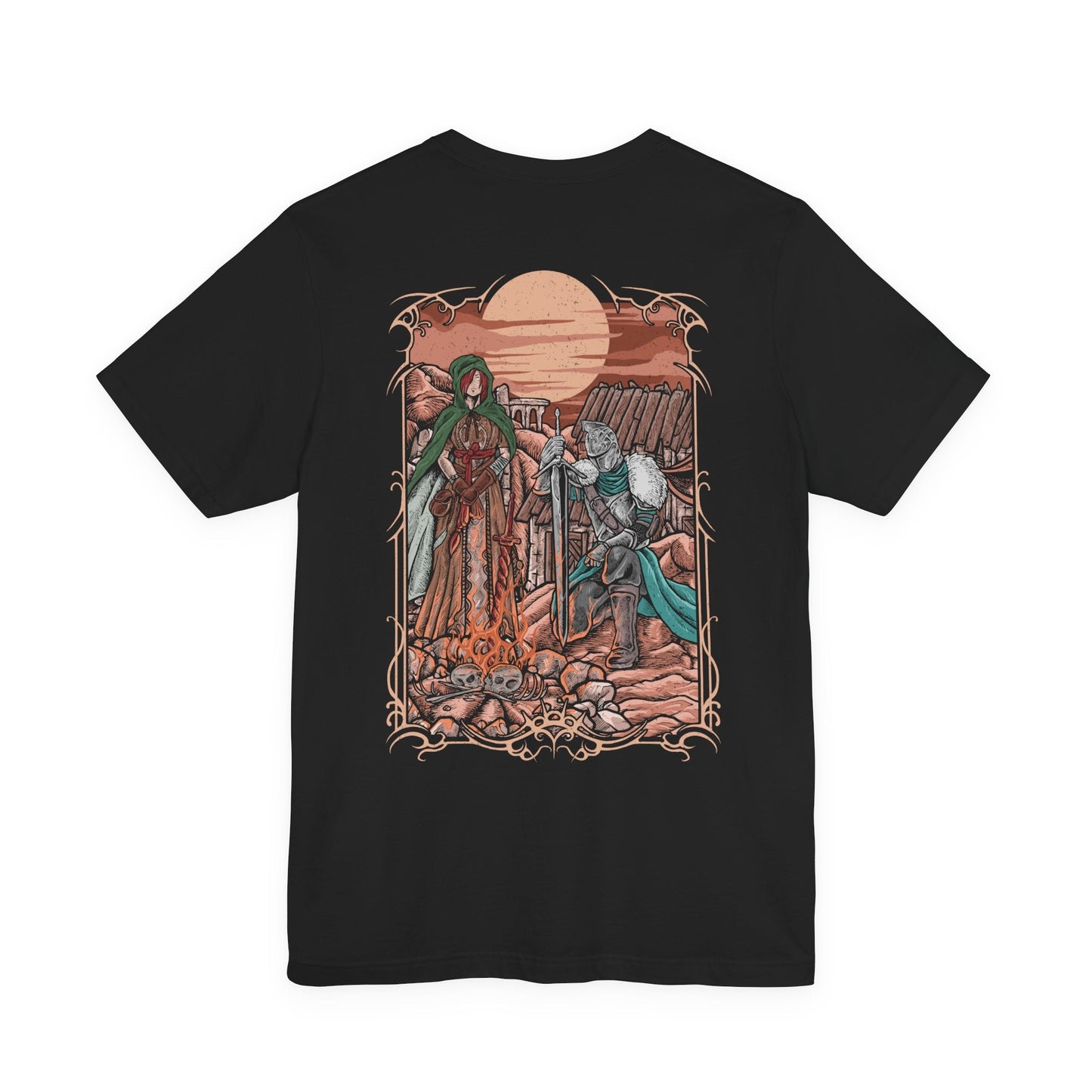 Image 5 of a T-shirt artwork depicting the Faraam-armored Bearer of the Curse facing the horizon while the Emerald Herald stands quietly behind, her presence calm yet solemn. Golden light from the setting sun reflects across broken stone and distant seas. This design reflects the Herald’s role in guiding the undead and the burden carried by the chosen one seeking to break or embrace the curse.