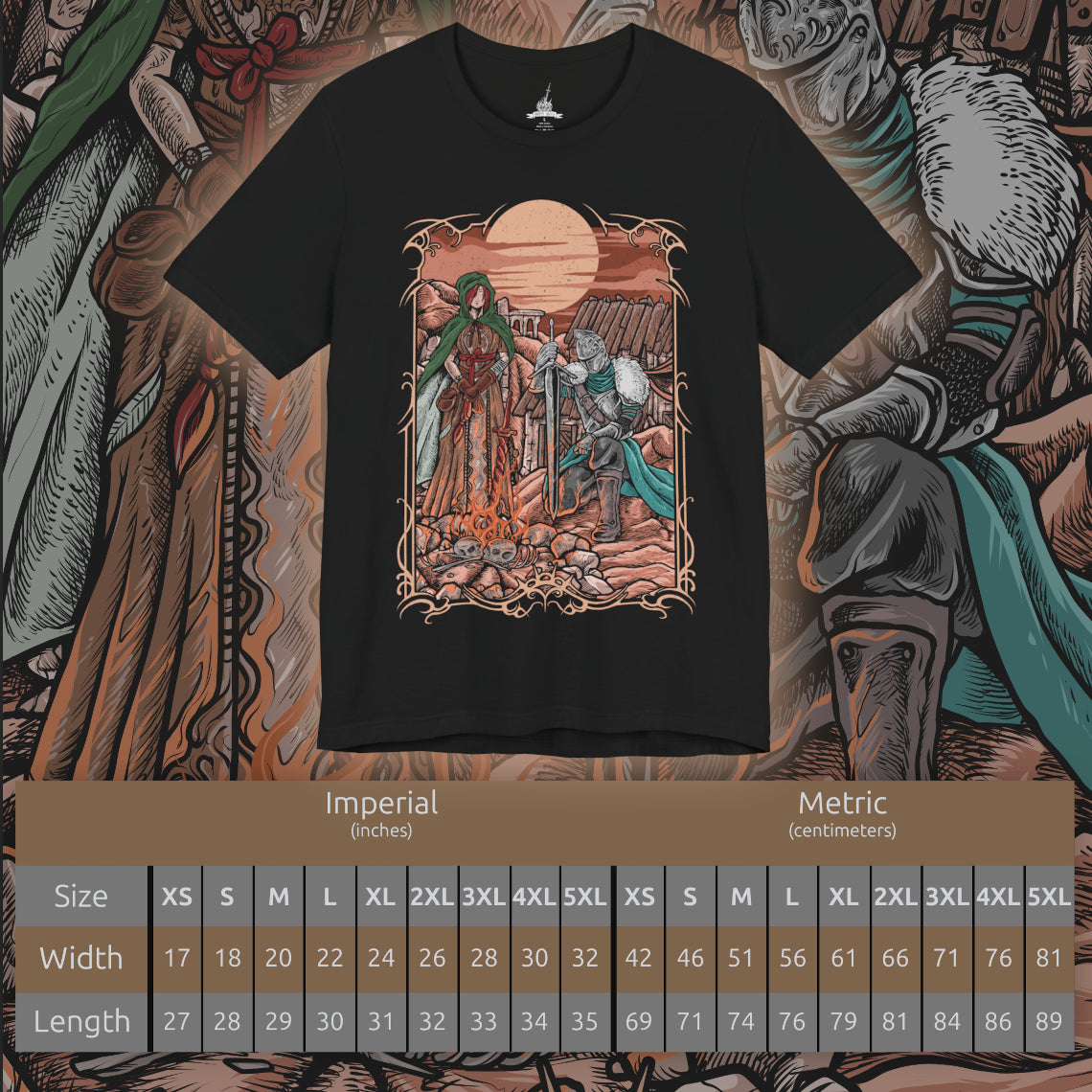 Size chart of a T-shirt artwork depicting the Faraam-armored Bearer of the Curse facing the horizon while the Emerald Herald stands quietly behind, her presence calm yet solemn. Golden light from the setting sun reflects across broken stone and distant seas. This design reflects the Herald’s role in guiding the undead and the burden carried by the chosen one seeking to break or embrace the curse.