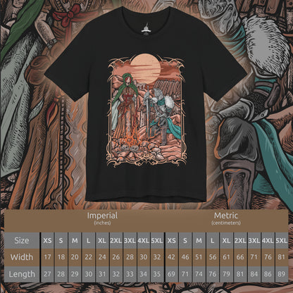 Size chart of a T-shirt artwork depicting the Faraam-armored Bearer of the Curse facing the horizon while the Emerald Herald stands quietly behind, her presence calm yet solemn. Golden light from the setting sun reflects across broken stone and distant seas. This design reflects the Herald’s role in guiding the undead and the burden carried by the chosen one seeking to break or embrace the curse.