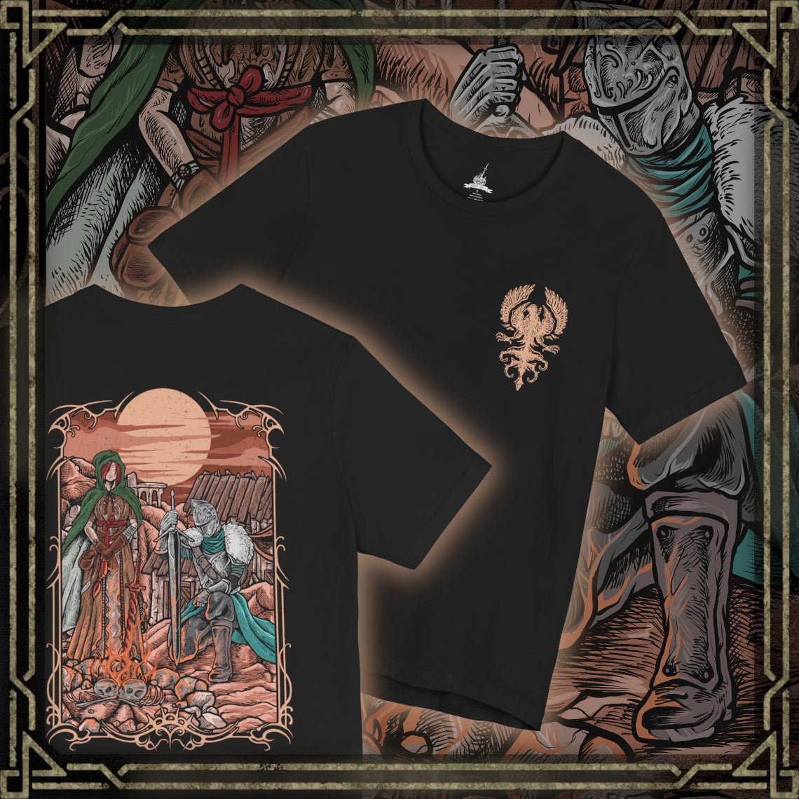 Thumbnail of a T-shirt artwork depicting the Faraam-armored Bearer of the Curse facing the horizon while the Emerald Herald stands quietly behind, her presence calm yet solemn. Golden light from the setting sun reflects across broken stone and distant seas. This design reflects the Herald’s role in guiding the undead and the burden carried by the chosen one seeking to break or embrace the curse.