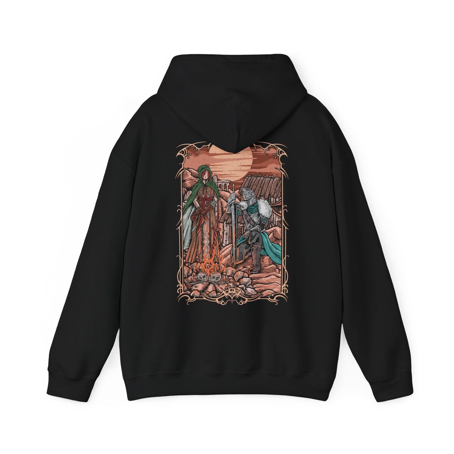 Image 5 of a Hooded Sweatshirt of the Bearer of the Curse in iconic Faraam Armor standing at Majula with the Emerald Herald at their side, surrounded by ruins and soft ocean light. Her green hood and composed stance contrast the warrior’s battle-worn armor. The composition emphasizes destiny, guidance, and the quiet melancholy that defines the journey through Dark Souls II.