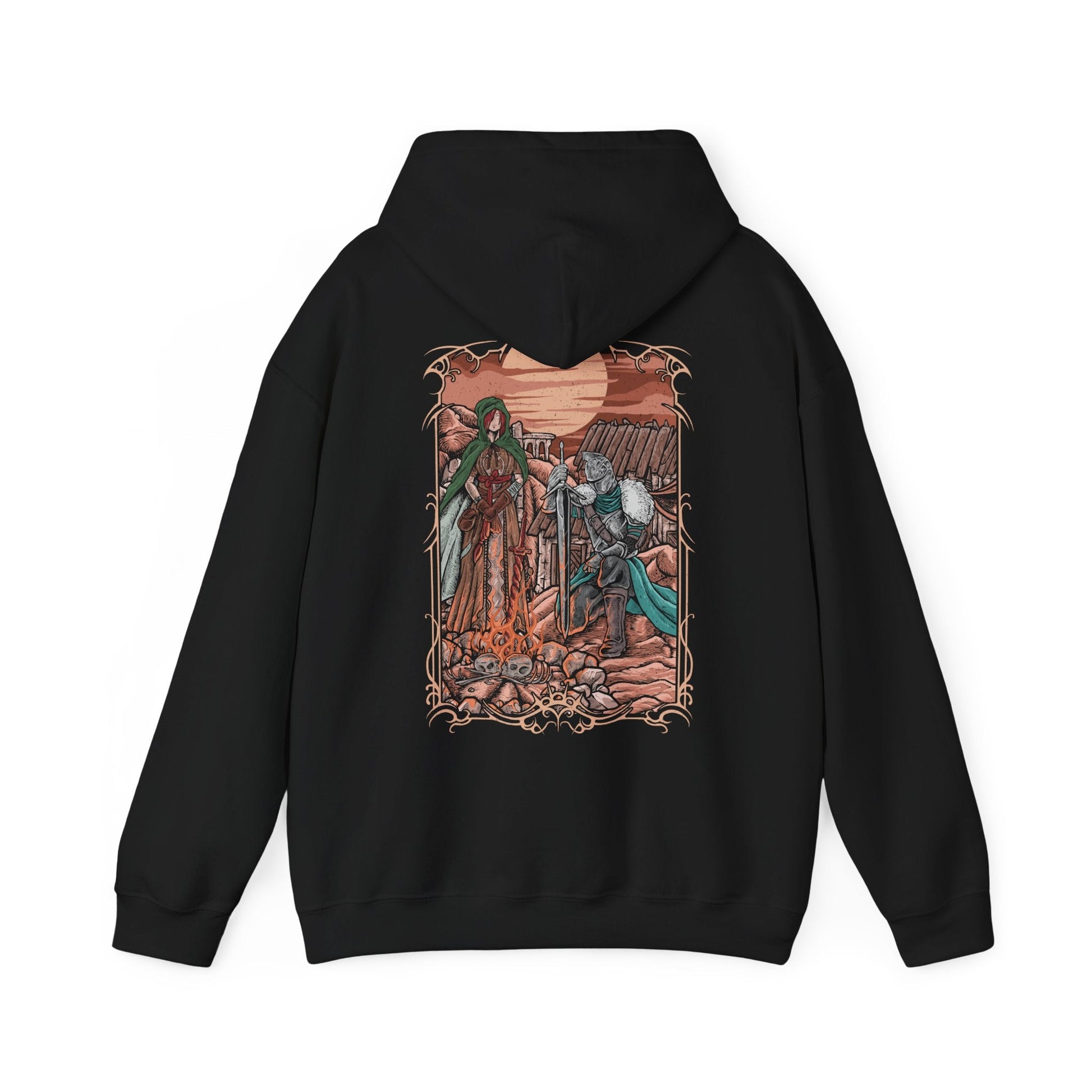 Image 5 of a Hooded Sweatshirt of the Bearer of the Curse in iconic Faraam Armor standing at Majula with the Emerald Herald at their side, surrounded by ruins and soft ocean light. Her green hood and composed stance contrast the warrior’s battle-worn armor. The composition emphasizes destiny, guidance, and the quiet melancholy that defines the journey through Dark Souls II.
