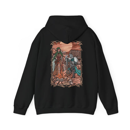 Image 5 of a Hooded Sweatshirt of the Bearer of the Curse in iconic Faraam Armor standing at Majula with the Emerald Herald at their side, surrounded by ruins and soft ocean light. Her green hood and composed stance contrast the warrior’s battle-worn armor. The composition emphasizes destiny, guidance, and the quiet melancholy that defines the journey through Dark Souls II.