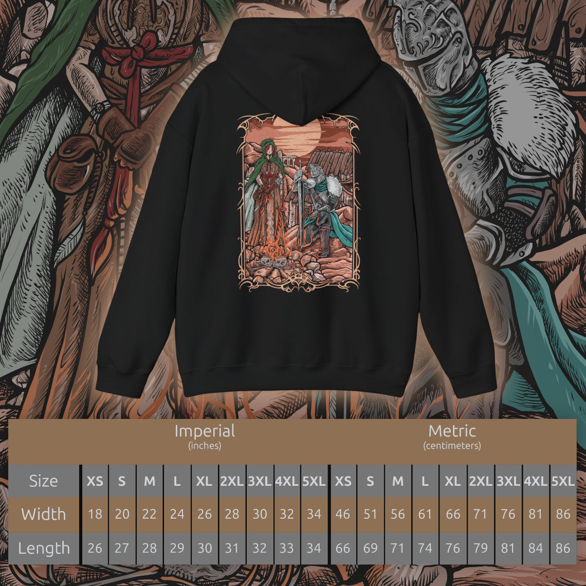 Size chart of a Hooded Sweatshirt of the Bearer of the Curse in iconic Faraam Armor standing at Majula with the Emerald Herald at their side, surrounded by ruins and soft ocean light. Her green hood and composed stance contrast the warrior’s battle-worn armor. The composition emphasizes destiny, guidance, and the quiet melancholy that defines the journey through Dark Souls II.