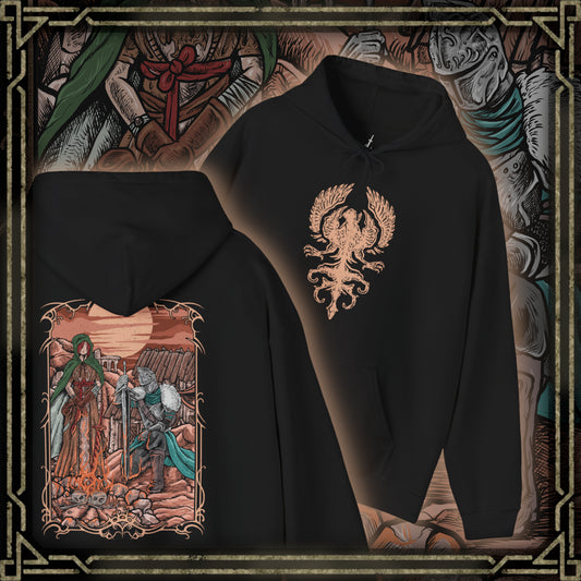 Thumbnail of a Hooded Sweatshirt of the Bearer of the Curse in iconic Faraam Armor standing at Majula with the Emerald Herald at their side, surrounded by ruins and soft ocean light. Her green hood and composed stance contrast the warrior’s battle-worn armor. The composition emphasizes destiny, guidance, and the quiet melancholy that defines the journey through Dark Souls II.
