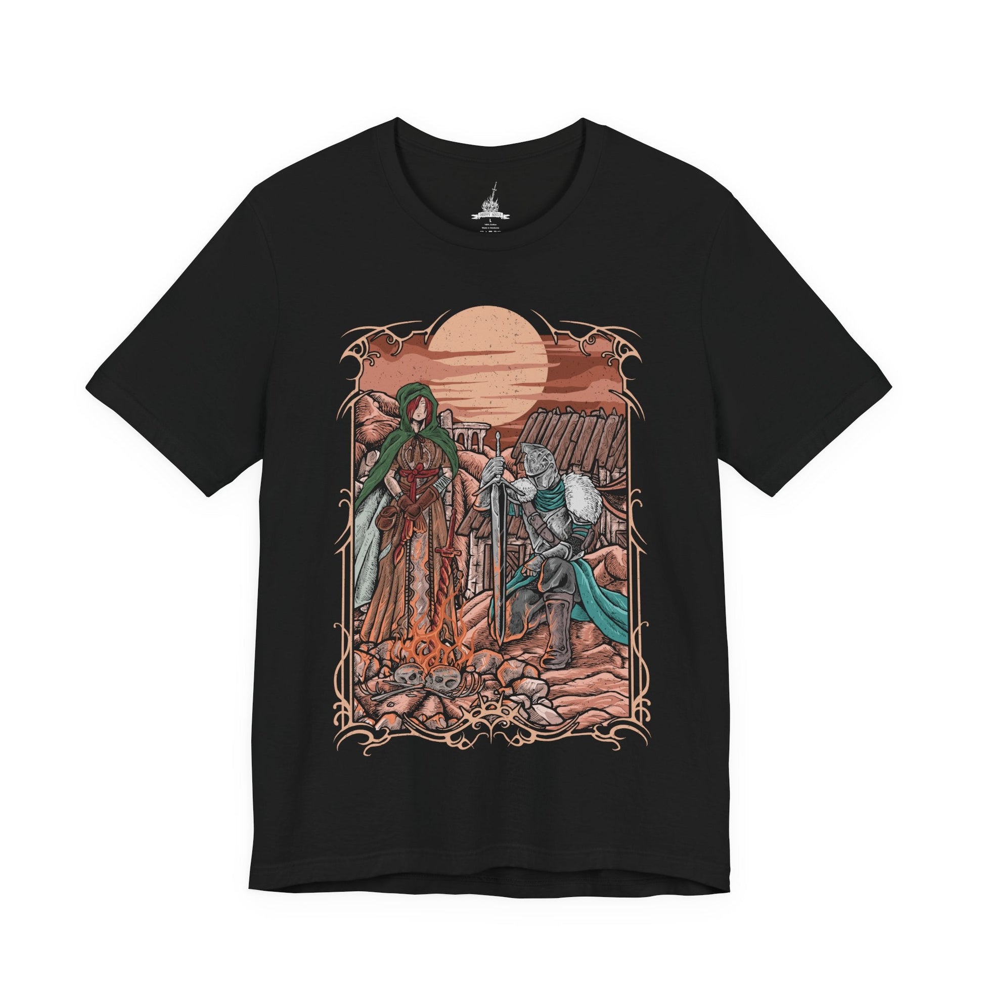 Image 4 of a T-shirt design of the Bearer of the Curse clad in Faraam Armor from Dark Souls II, standing beside the Emerald Herald at Majula’s windswept cliffs. The ocean stretches beneath a fading sky as her green cloak flows in the breeze. The design captures the bond between guide and warrior, symbolizing fate, sacrifice, and the journey through Drangleic’s endless cycle of curse and rebirth.