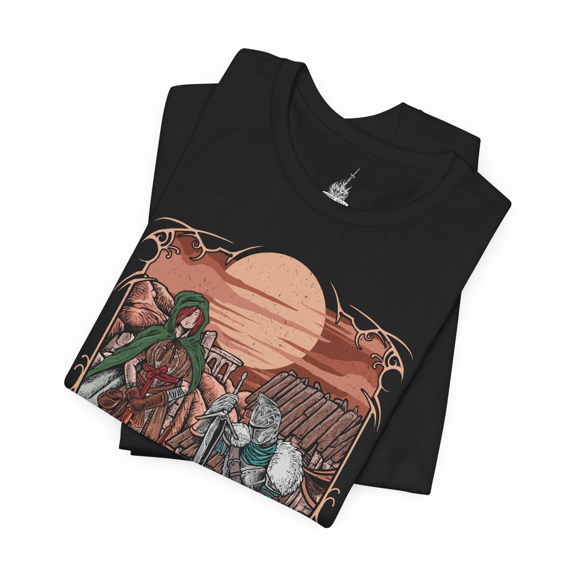 Image 5 of a T-shirt design of the Bearer of the Curse clad in Faraam Armor from Dark Souls II, standing beside the Emerald Herald at Majula’s windswept cliffs. The ocean stretches beneath a fading sky as her green cloak flows in the breeze. The design captures the bond between guide and warrior, symbolizing fate, sacrifice, and the journey through Drangleic’s endless cycle of curse and rebirth.