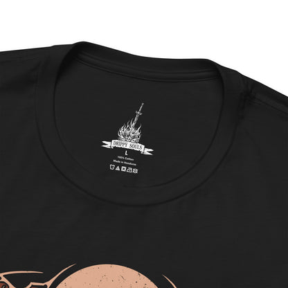 Folded T-shirt design of the Bearer of the Curse clad in Faraam Armor from Dark Souls II, standing beside the Emerald Herald at Majula’s windswept cliffs. The ocean stretches beneath a fading sky as her green cloak flows in the breeze. The design captures the bond between guide and warrior, symbolizing fate, sacrifice, and the journey through Drangleic’s endless cycle of curse and rebirth.