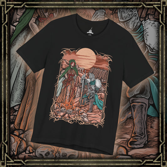 Thumbnail of a T-shirt design of the Bearer of the Curse clad in Faraam Armor from Dark Souls II, standing beside the Emerald Herald at Majula’s windswept cliffs. The ocean stretches beneath a fading sky as her green cloak flows in the breeze. The design captures the bond between guide and warrior, symbolizing fate, sacrifice, and the journey through Drangleic’s endless cycle of curse and rebirth.