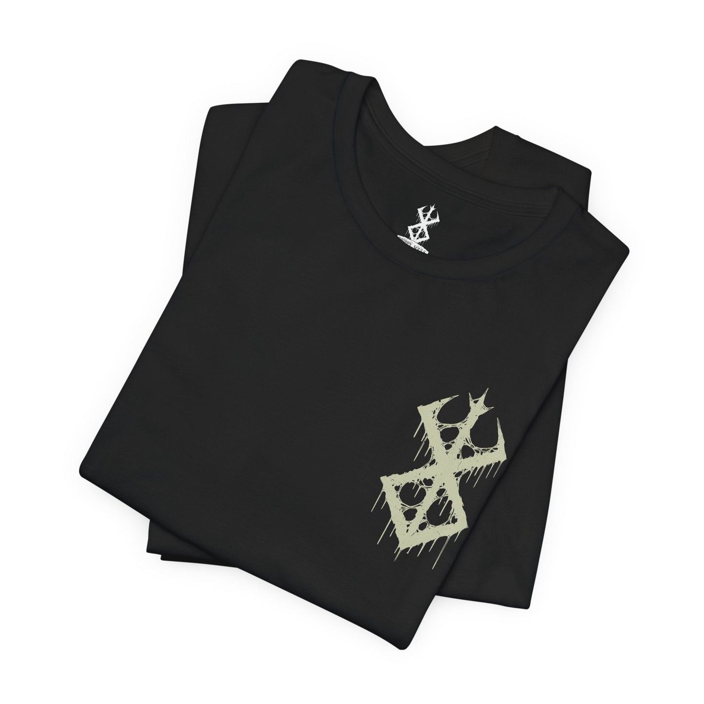 Image 6 of a T-shirt featuring the Beast of Darkness from Berserk, the monstrous manifestation of Guts’ rage, grief, and trauma. Shaped like a demonic wolf cloaked in shadow, the Beast whispers bloodlust into Guts’ mind, urging him toward destruction. This design captures its feral snarl and glowing eyes—a haunting symbol of inner torment and the fight to retain humanity.