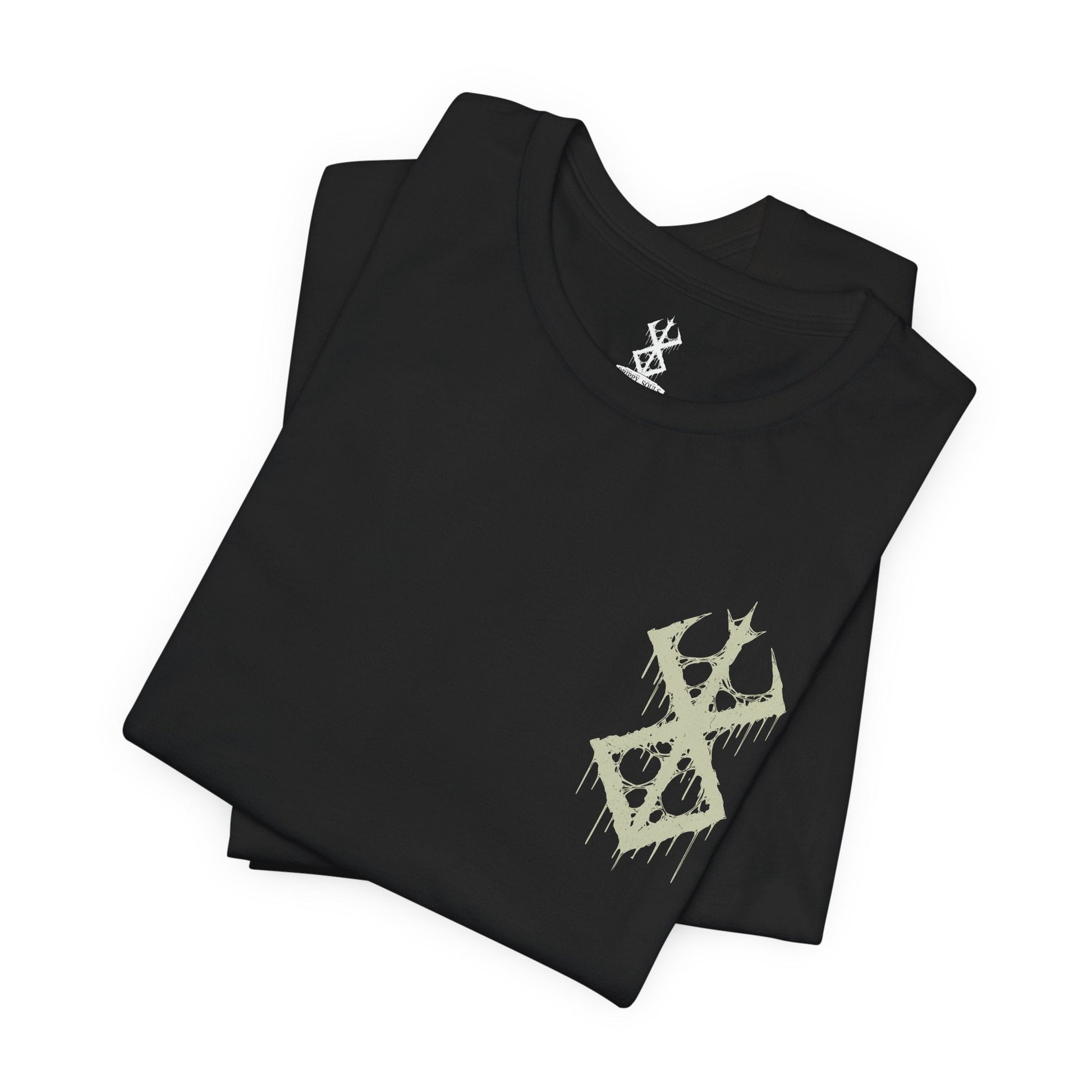 Image 6 of a T-shirt featuring the Beast of Darkness from Berserk, the monstrous manifestation of Guts’ rage, grief, and trauma. Shaped like a demonic wolf cloaked in shadow, the Beast whispers bloodlust into Guts’ mind, urging him toward destruction. This design captures its feral snarl and glowing eyes—a haunting symbol of inner torment and the fight to retain humanity.