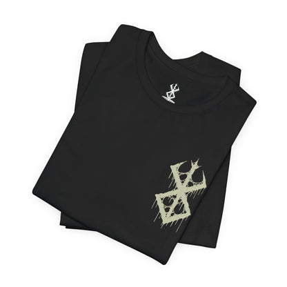 Image 6 of a T-shirt featuring the Beast of Darkness from Berserk, the monstrous manifestation of Guts’ rage, grief, and trauma. Shaped like a demonic wolf cloaked in shadow, the Beast whispers bloodlust into Guts’ mind, urging him toward destruction. This design captures its feral snarl and glowing eyes—a haunting symbol of inner torment and the fight to retain humanity.