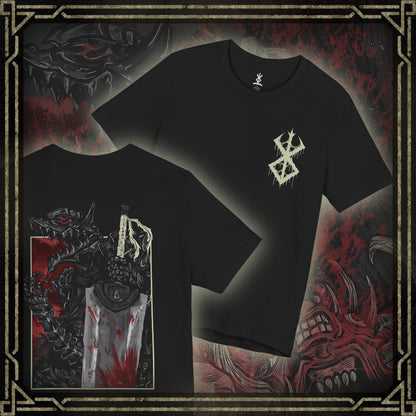 Thumbnail of a T-shirt featuring the Beast of Darkness from Berserk, the monstrous manifestation of Guts’ rage, grief, and trauma. Shaped like a demonic wolf cloaked in shadow, the Beast whispers bloodlust into Guts’ mind, urging him toward destruction. This design captures its feral snarl and glowing eyes—a haunting symbol of inner torment and the fight to retain humanity.