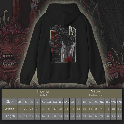 Size chart of a Hooded Sweatshirt showcasing the Beast of Darkness from Berserk, the monstrous force rooted deep in Guts’ soul. Erupting from within when he dons the Berserker Armor, this feral creature fuels his thirst for vengeance and threatens to consume his sanity. Cloaked in darkness and driven by pain, the Beast stands as a terrifying symbol of trauma, rage, and the inner demons Guts constantly battles on his brutal journey.