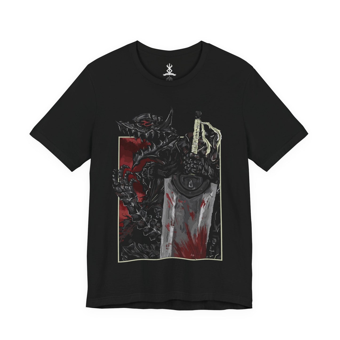 Image 4 of a T-shirt featuring Guts and the Beast of Darkness from Berserk, the haunting manifestation of his inner rage and despair. This shadowy, wolf-like entity lurks within the Berserker Armor, whispering to Guts in moments of bloodlust and pain. With glowing red eyes and savage fangs, the Beast represents the fine line Guts walks between humanity and monster, making this design a chilling tribute to his psychological torment.