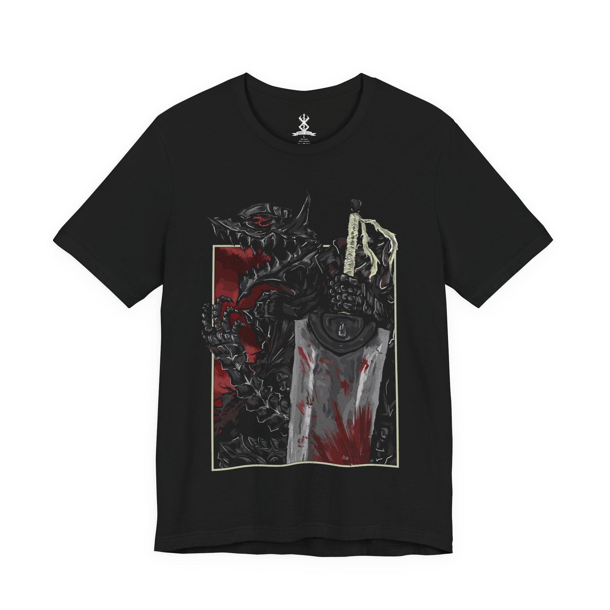 Image 4 of a T-shirt featuring Guts and the Beast of Darkness from Berserk, the haunting manifestation of his inner rage and despair. This shadowy, wolf-like entity lurks within the Berserker Armor, whispering to Guts in moments of bloodlust and pain. With glowing red eyes and savage fangs, the Beast represents the fine line Guts walks between humanity and monster, making this design a chilling tribute to his psychological torment.