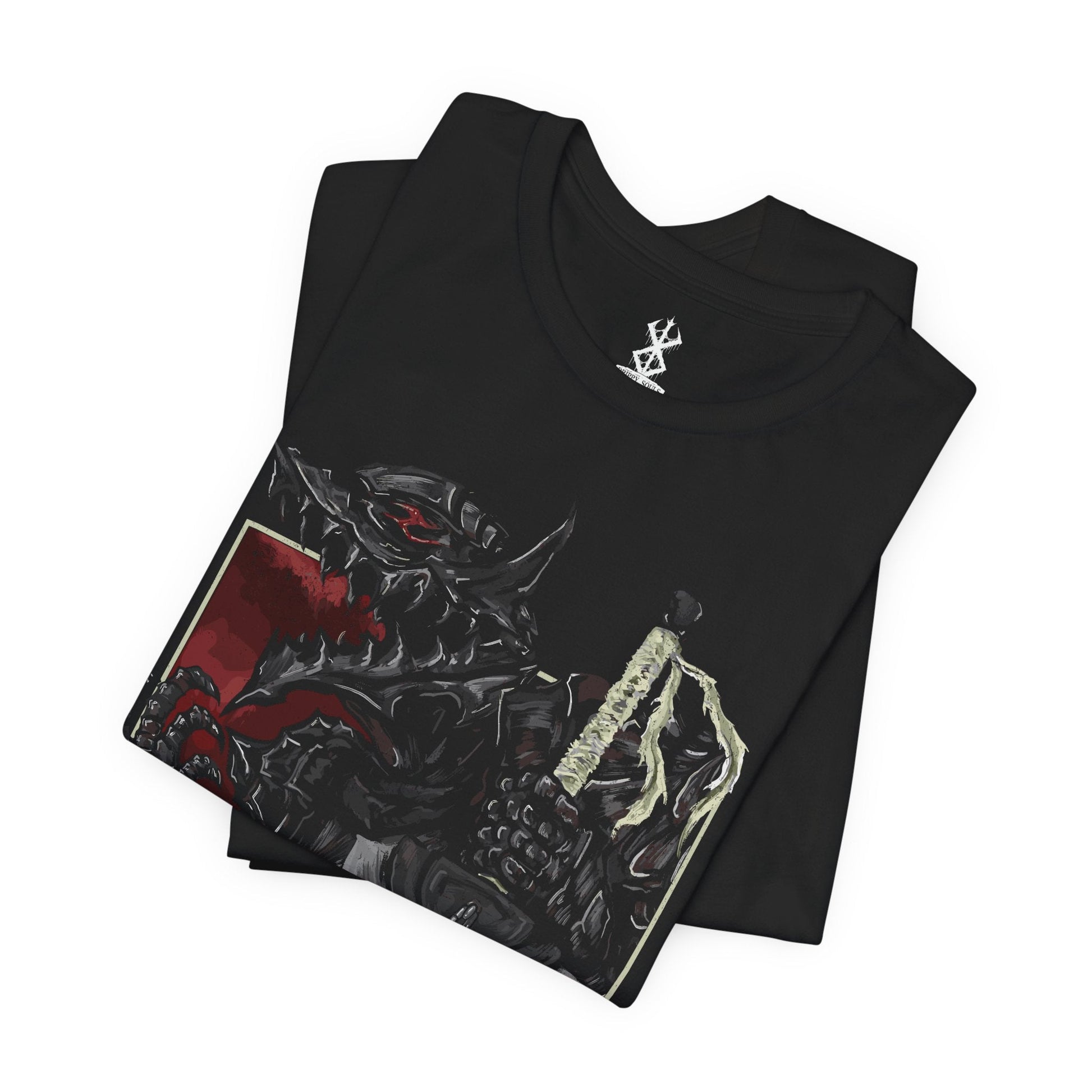 Image 5 of a T-shirt featuring Guts and the Beast of Darkness from Berserk, the haunting manifestation of his inner rage and despair. This shadowy, wolf-like entity lurks within the Berserker Armor, whispering to Guts in moments of bloodlust and pain. With glowing red eyes and savage fangs, the Beast represents the fine line Guts walks between humanity and monster, making this design a chilling tribute to his psychological torment.