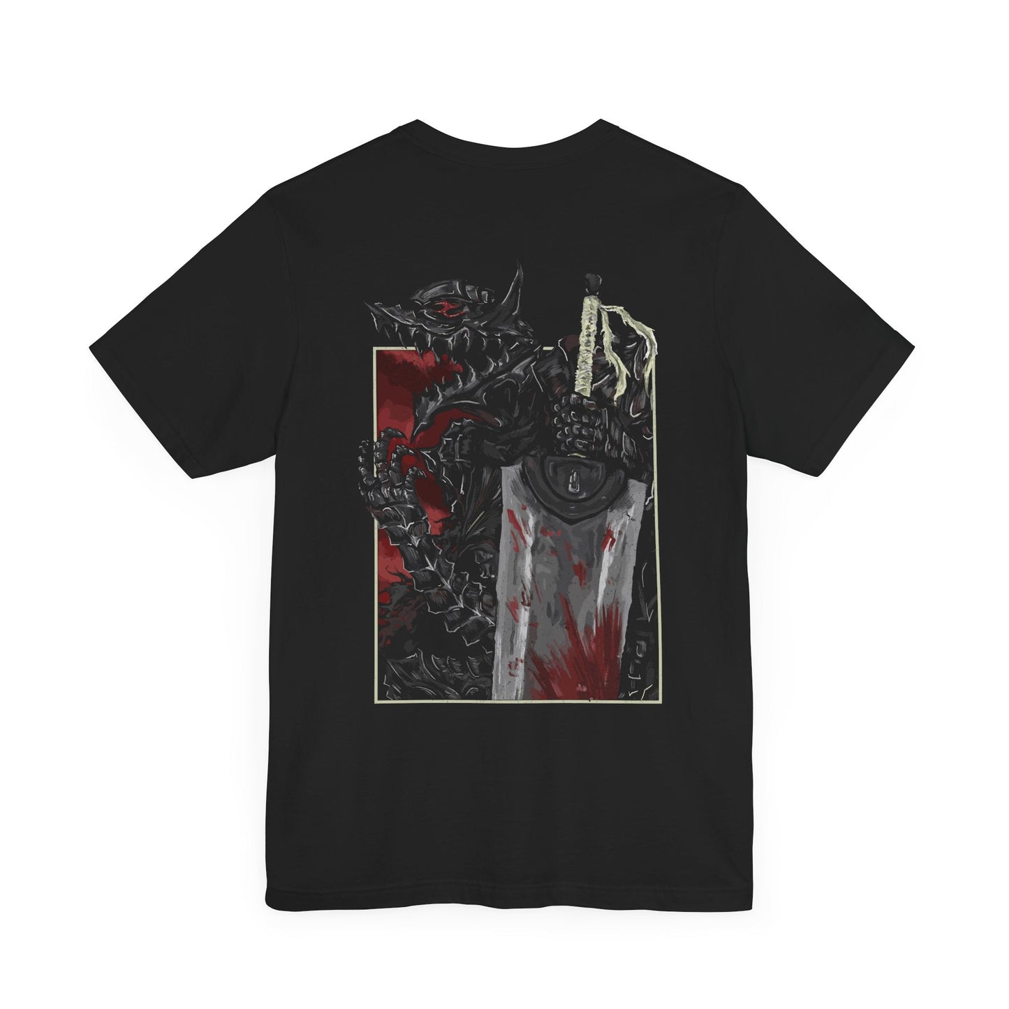 Image 4 of a T-shirt featuring the Beast of Darkness from Berserk, the monstrous manifestation of Guts’ rage, grief, and trauma. Shaped like a demonic wolf cloaked in shadow, the Beast whispers bloodlust into Guts’ mind, urging him toward destruction. This design captures its feral snarl and glowing eyes—a haunting symbol of inner torment and the fight to retain humanity.