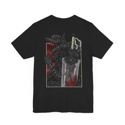 Image 4 of a T-shirt featuring the Beast of Darkness from Berserk, the monstrous manifestation of Guts’ rage, grief, and trauma. Shaped like a demonic wolf cloaked in shadow, the Beast whispers bloodlust into Guts’ mind, urging him toward destruction. This design captures its feral snarl and glowing eyes—a haunting symbol of inner torment and the fight to retain humanity.