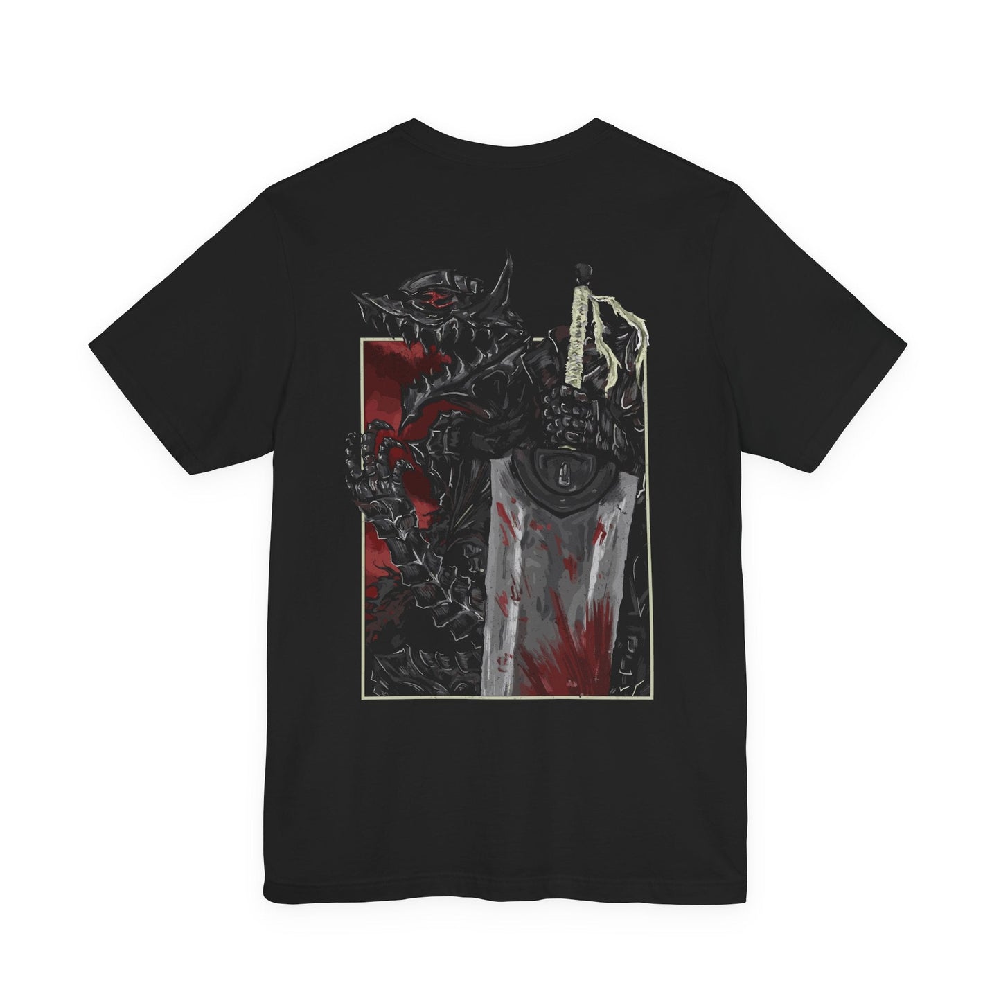 Image 5 of a T-shirt featuring the Beast of Darkness from Berserk, the monstrous manifestation of Guts’ rage, grief, and trauma. Shaped like a demonic wolf cloaked in shadow, the Beast whispers bloodlust into Guts’ mind, urging him toward destruction. This design captures its feral snarl and glowing eyes—a haunting symbol of inner torment and the fight to retain humanity.