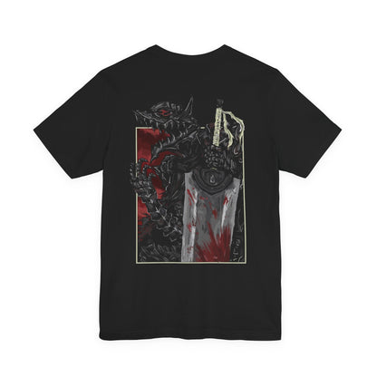 Image 5 of a T-shirt featuring the Beast of Darkness from Berserk, the monstrous manifestation of Guts’ rage, grief, and trauma. Shaped like a demonic wolf cloaked in shadow, the Beast whispers bloodlust into Guts’ mind, urging him toward destruction. This design captures its feral snarl and glowing eyes—a haunting symbol of inner torment and the fight to retain humanity.