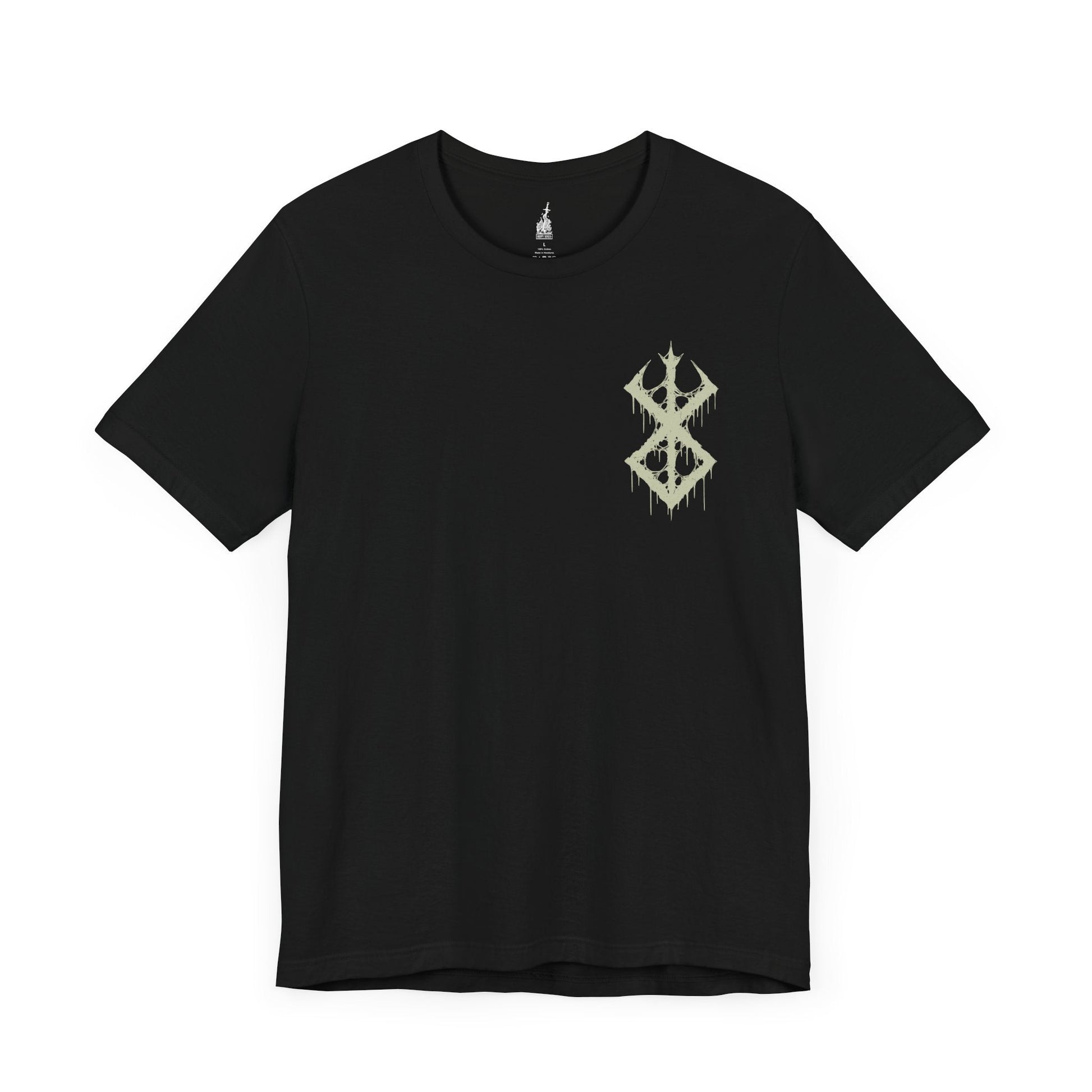 Image 3 of a Black T-shirt featuring the Beast of Darkness from Berserk, the monstrous manifestation of Guts’ rage, grief, and trauma. Shaped like a demonic wolf cloaked in shadow, the Beast whispers bloodlust into Guts’ mind, urging him toward destruction. This design captures its feral snarl and glowing eyes—a haunting symbol of inner torment and the fight to retain humanity.