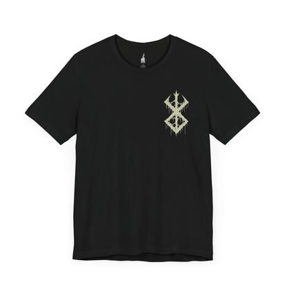 Image 3 of a Black T-shirt featuring the Beast of Darkness from Berserk, the monstrous manifestation of Guts’ rage, grief, and trauma. Shaped like a demonic wolf cloaked in shadow, the Beast whispers bloodlust into Guts’ mind, urging him toward destruction. This design captures its feral snarl and glowing eyes—a haunting symbol of inner torment and the fight to retain humanity.