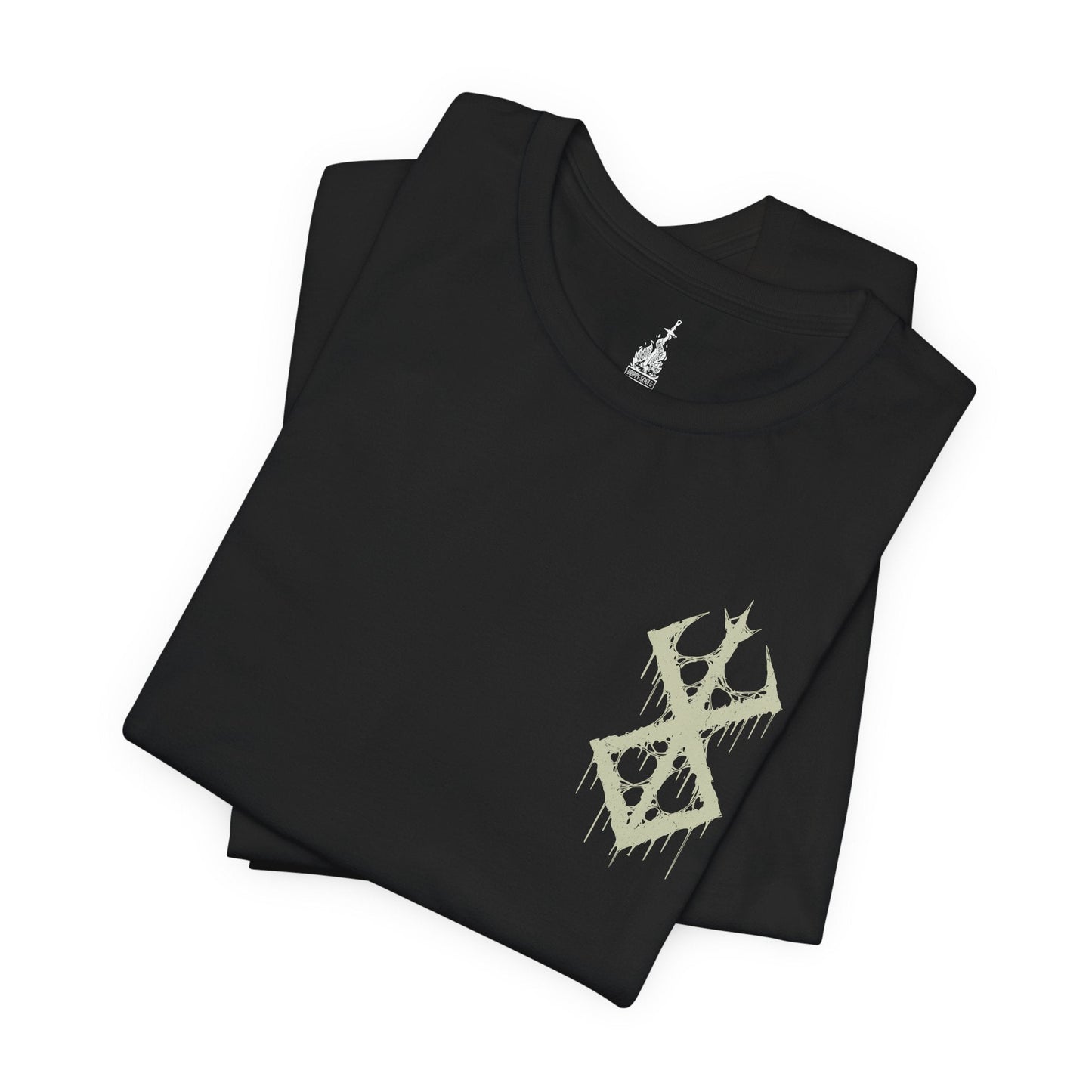 Folded T-shirt featuring the Beast of Darkness from Berserk, the monstrous manifestation of Guts’ rage, grief, and trauma. Shaped like a demonic wolf cloaked in shadow, the Beast whispers bloodlust into Guts’ mind, urging him toward destruction. This design captures its feral snarl and glowing eyes—a haunting symbol of inner torment and the fight to retain humanity.