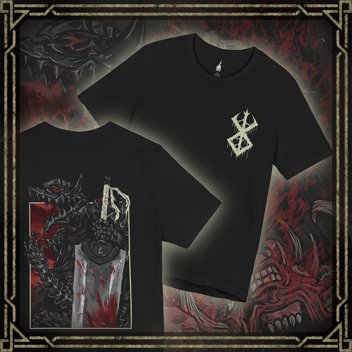 Thumbnail of a T-shirt featuring the Beast of Darkness from Berserk, the monstrous manifestation of Guts’ rage, grief, and trauma. Shaped like a demonic wolf cloaked in shadow, the Beast whispers bloodlust into Guts’ mind, urging him toward destruction. This design captures its feral snarl and glowing eyes—a haunting symbol of inner torment and the fight to retain humanity.